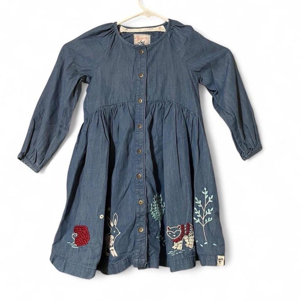 Kids Casual Denim Dress with Embroidered Animals - Picture 2 of 3